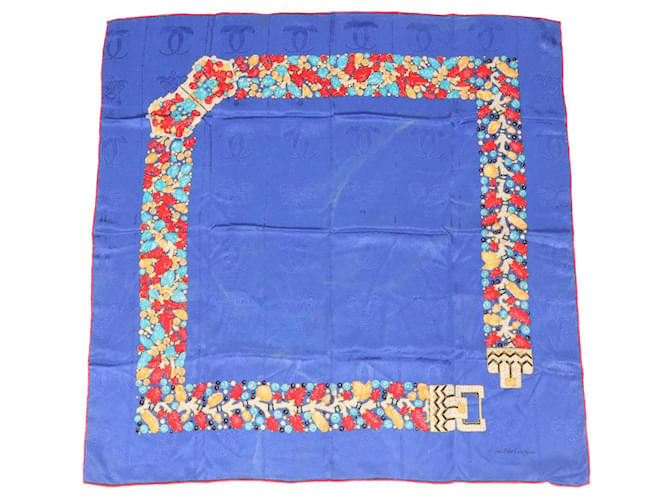 CARTIER PANTHERE Foulard Soie Bleu Rouge Auth ac1502  ref.764607