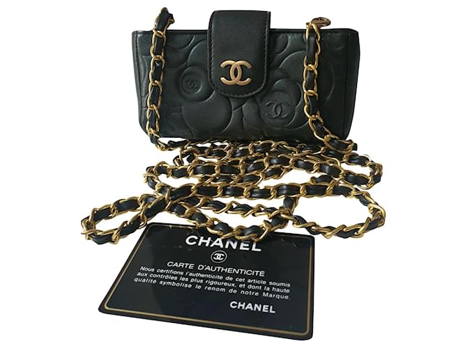 Chanel Kamelie Schultergurt Schwarz Golden Leder Metall  ref.764676