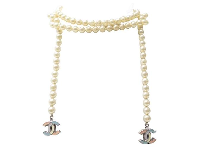 CHANEL NECKLACE BELT PEARLS LOGO CC CREAM 138 CM COLLAR NECKLACE BELT  ref.765023