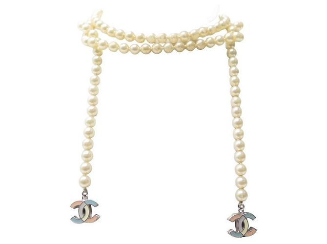 CHANEL COLAR CINTO PÉROLAS LOGO CC CREAM 138 CINTO DE COLAR DE COLAR CM Cru