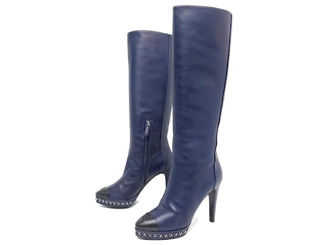 CHANEL G BOOTS30406 with heels 38 BLUE LEATHER INTERLACED CHAIN LOGO CC BOOTS  ref.765088