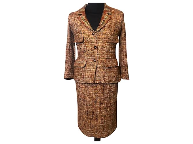 Auth Vintage Chanel 98A Auburn Orange Brown Wool Tweed Jacket Coat Skirt Set