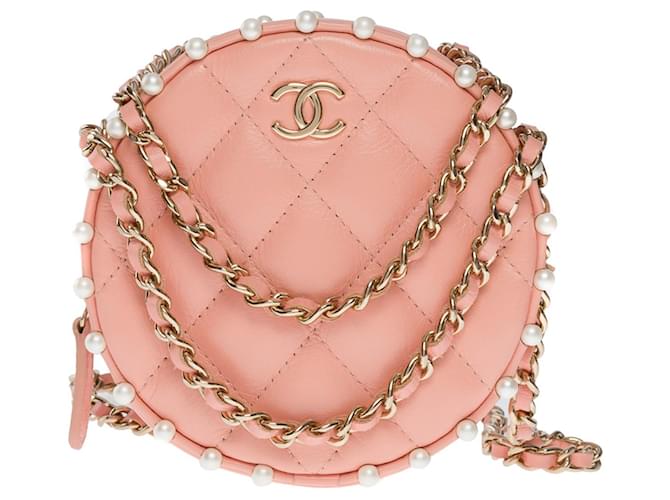 Rara borsa a tracolla Chanel "Round on Earth" in pelle di vitello trapuntata rosa bordata di perle fantasia  ref.765858