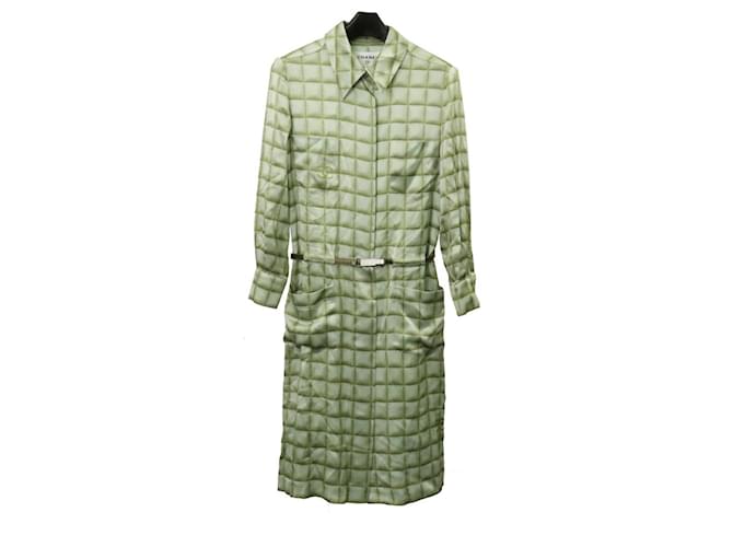 * [CHANEL] Chanel Coco Mark Kariertes Hemdkleid, einteilig, langärmelig, knielang, aus Seide 100% Grün  ref.765874