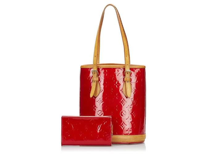 Bucket Louis Vuitton Monogramm-Vernis-Eimer PM mit Beutel Rot Leder  ref.765940