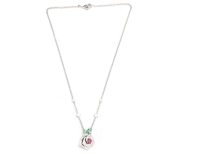 Dior Rose Rhinestone Studded Necklace Silvery Metal  ref.766017