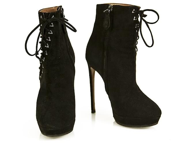 Alaïa ALAIA Black Suede Leather Back Zipper Ankle Booties Boots Heels Shoes size 37  ref.766830
