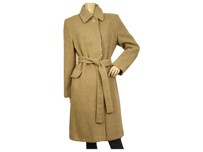 Per te by Krizia 100% Virgin Wool Button Front Belted Classic Coat Beige