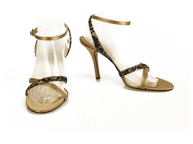 Dior Beige Satin Black Lace Heels Strappy Shoes Ankle Strap Sandals Pumps sz 37 Leather  ref.767108