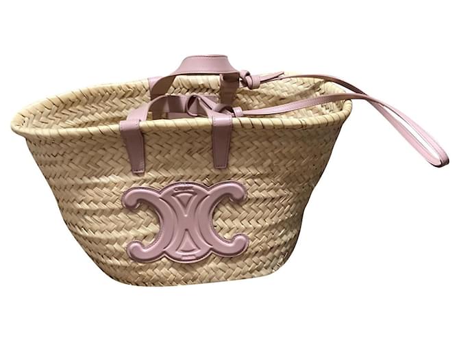 Superb Céline pink Triomphe basket Beige Leather Straw  ref.767288