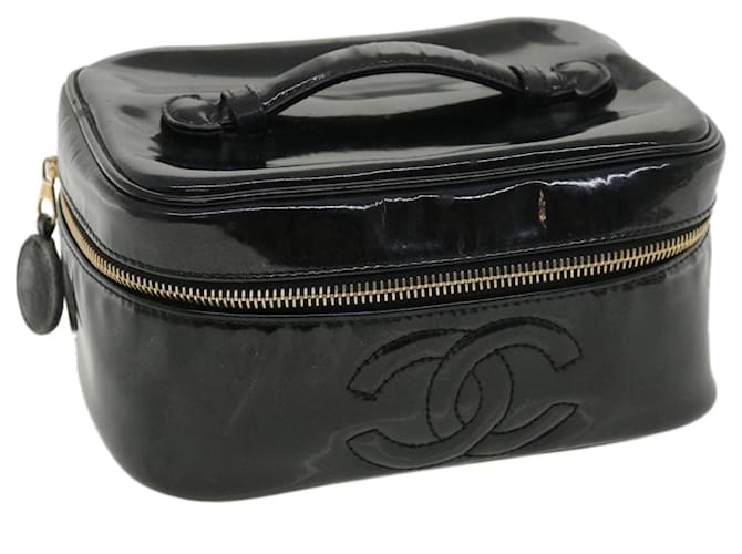 CHANEL Vanity Cosmetic Pouch patent Black CC Auth 34355 Patent