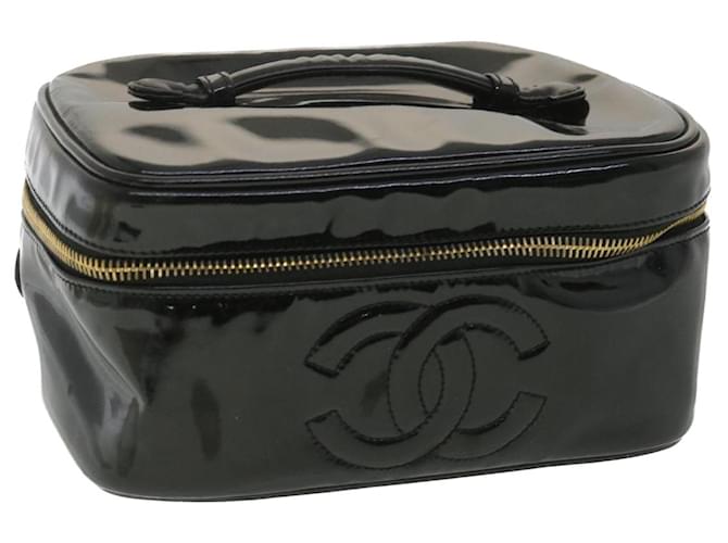 CHANEL Black Patent Leather COSMETIC BAG Vanity Case HANDBAG Purse