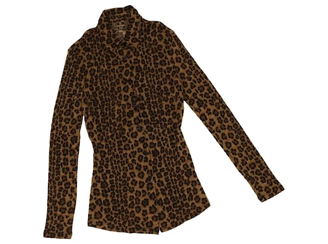 FENDI Leopard Long Sleeved Shirt Wool Brown Auth am3595  ref.769144