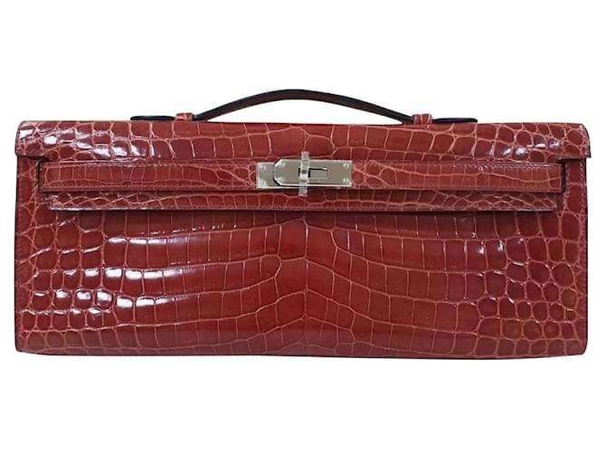 Hermès Crocodile Kelly Cut Clutch Dark red Exotic leather  ref.770016