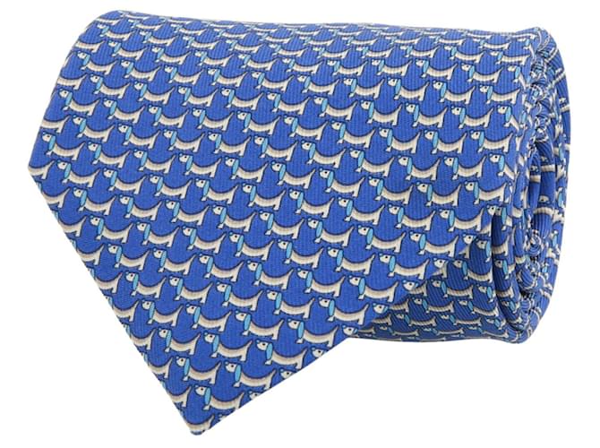 Cravate en soie à imprimé chien teckel Salvatore Ferragamo Bleu  ref.770306