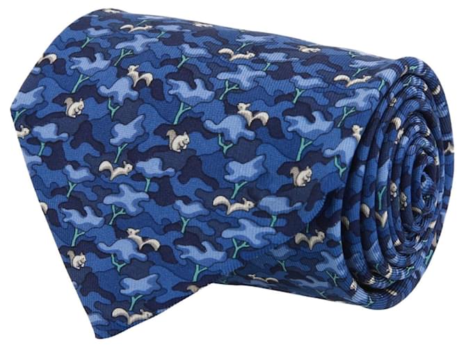 Cravate en soie à imprimé écureuil Salvatore Ferragamo Bleu  ref.770308