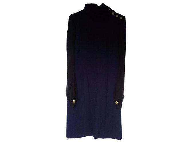 Pierre Balmain Blaues Kleid mit schwarzen Chiffonärmeln Balmain