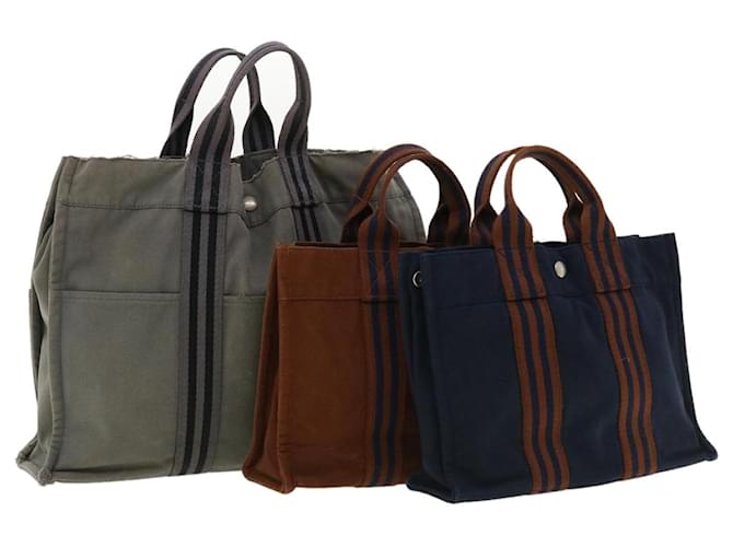 Hermès HERMES Her Line Tote Bag Canvas 3Set Gray Brown Navy Auth ar8612 Grey Navy blue Cloth  ref.771173