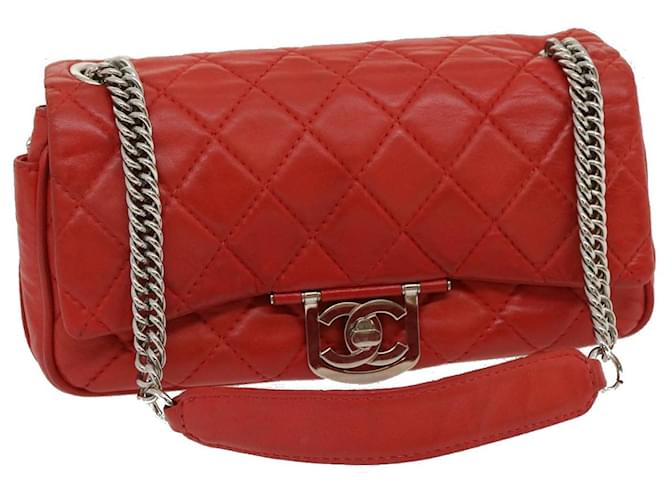 CHANEL Matelasse Chain Flap Shoulder Bag Lamb Skin Turn Lock Red CC Auth 35174a Leather  ref.771214