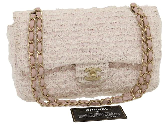 CHANEL Matelasse Tweed Turn Lock Chain Shoulder Bag White Pink CC Auth 35175a  ref.771215