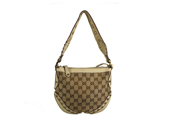 Gucci Beige Cream Monogram Canvas and Leather mini Pelham Studded Shoulder Bag