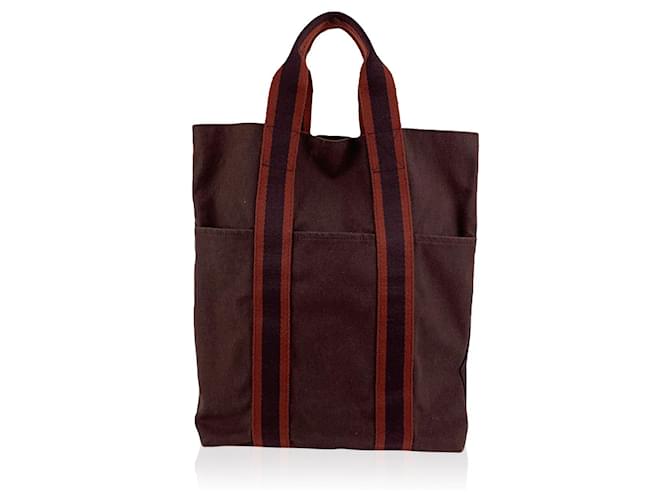 Hermès Hermes Paris Vintage Brown Red Fourre Tout Vertical Shopping Bag Tote Cotton  ref.771549