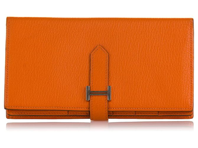 Hermès Hermes Orange Bearn Geldbörse Leder Ziege  ref.771607