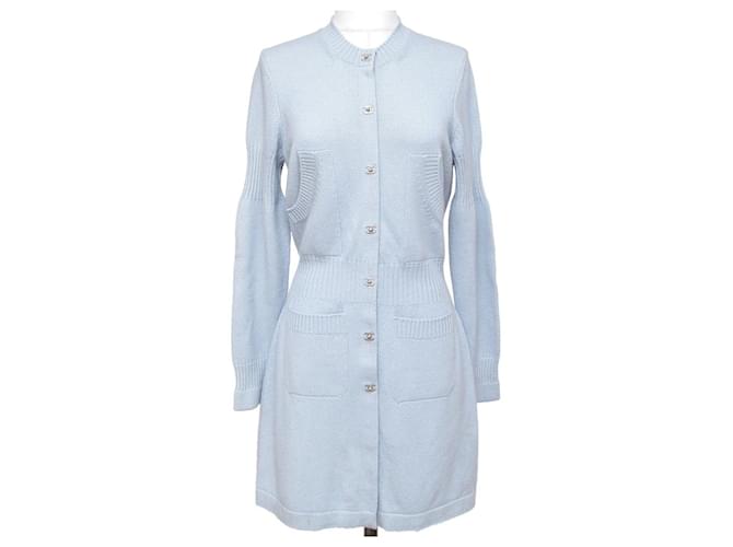 Klaar Leerling Klein Chanel Long Cashmere Cardigan Sweater Dress in Pastel Light Blue with  Silver-Tone CC Turnlock Buttons ref.771844 - Joli Closet