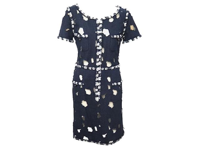 NEW CHANEL DRESS WITH HOLE EFFECT IN TWEED 44 XL P41111W04915 NAVY BLUE DRESS Black  ref.772461