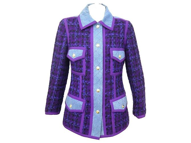 GIACCA CHANEL IN TWEED E DENIM TRAPUNTATO 42 L GIACCA VIOLA BLU BLU VIOLA