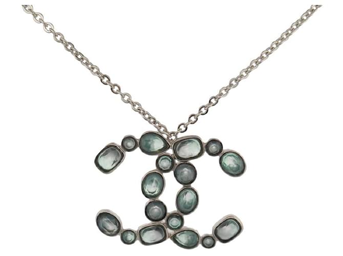 NEW CHANEL NECKLACE PENDANT LOGO CC & BLUE STONES 35-40 CM STONE NECKLACE Silvery Metal  ref.772502