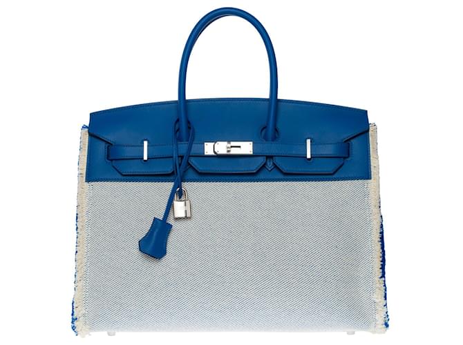 Hermès Borsa Hermes Birkin eccezionale 35 Serie limitata "Fray Fray" bimaterica in tela beige con bordi sfrangiati e pelle celere blu Francia  ref.773234