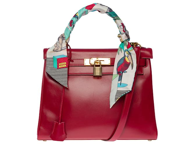 Hermès Exceptionnel sac à main Hermes Kelly 28 retourné bandoulière en cuir box Rouge H (bordeaux),  ref.773243