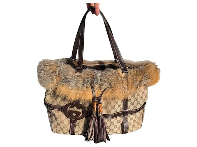 Gucci Handbags Brown Beige Dark brown Leather Faux fur  ref.773265
