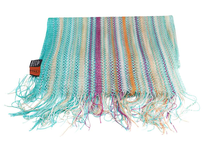 Missoni Knitted Fringed Scarf in Turquoise, orange, Magenta Viscose Cellulose fibre  ref.773300
