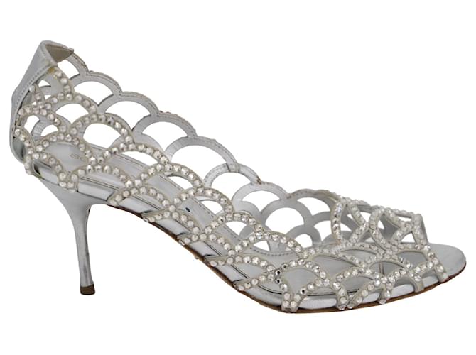Sergio Rossi Mermaid Cut-Out Crystal Embellished Open Toe Pumps in Silver Leather Silvery  ref.773351
