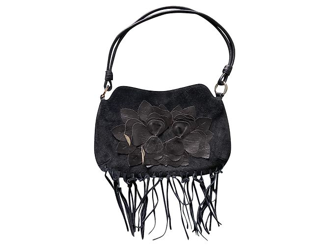 Bolsa Gerard Darel de nubuck preto com franjas e flores de couro