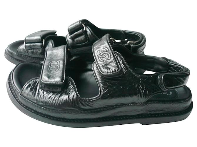 CHANEL PAPA sandals Aged shiny black leather T37C