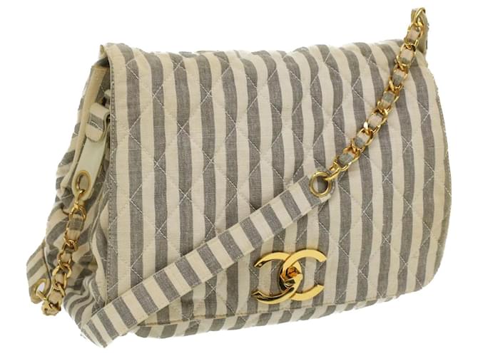 CHANEL Striped Matelasse Chain Shoulder Bag Canvas White Gray CC Auth bs3642 Grey Cloth  ref.774360