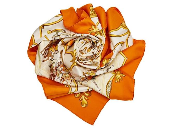 Pañuelo de seda Hermès Carré Les Chevaux des Moghols Naranja  ref.774568