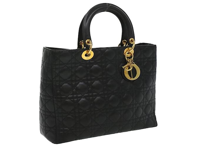 Christian Dior Lady Dior Hand Bag Hand Bag Lamb Skin Black Auth bs3623  ref.774716