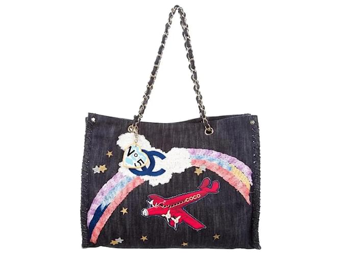 Chanel Limited Edition Airplane Rainbow Mixed Media Blue Jean Denim Rare Tote Multiple colors Cotton  ref.774979
