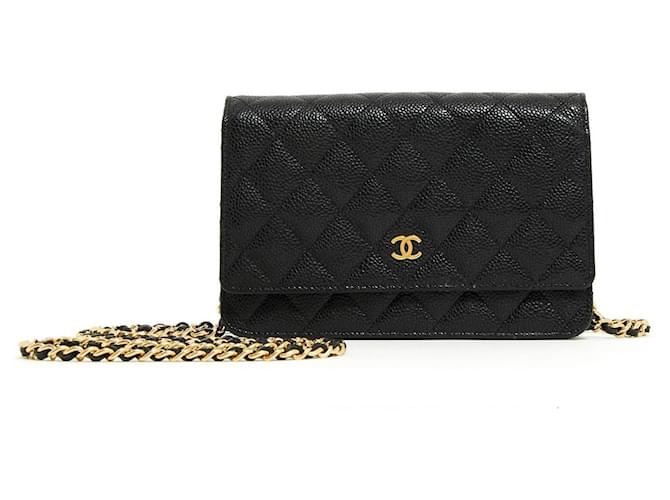 Wallet On Chain Chanel Geldbörse an Kette Woc Caviar Black Schwarz Gold hardware Leder  ref.775814