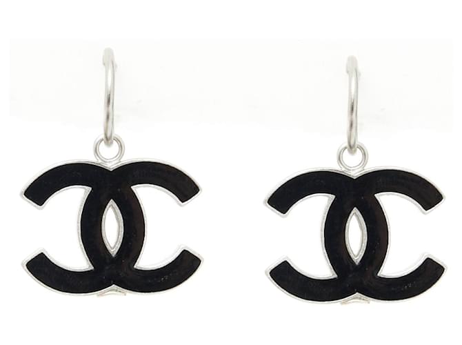 Earrings Chanel XL Black CC on Silver Hoops