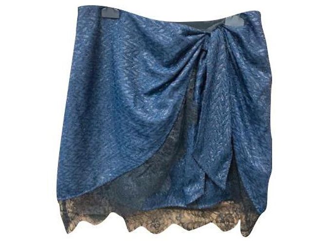 Self Portrait Minirock Metallic Schwarzblau mit Spitze Marineblau Dunkelblau