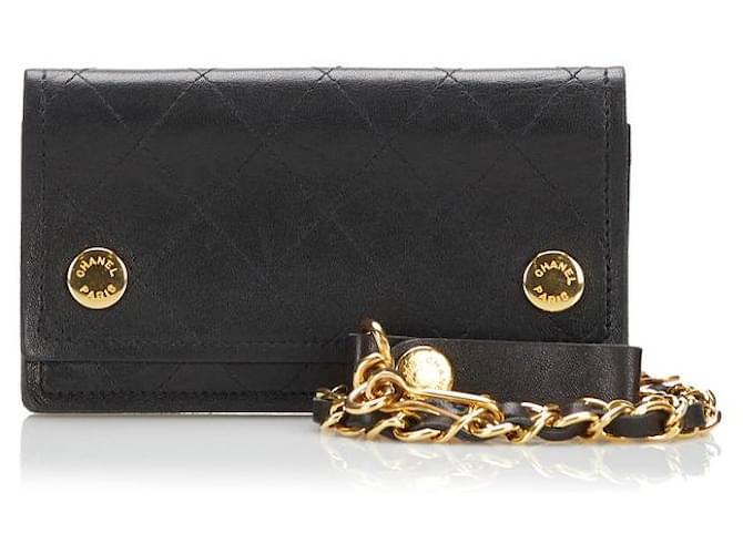 Chanel Quilted Leather Chain Flap Wallet Black Pony-style calfskin  ref.775871
