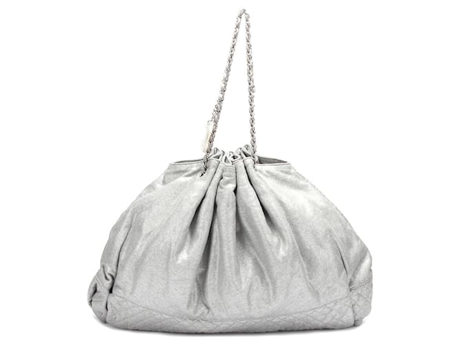 Chanel Melrose Cabas Bolsa de tela Plata Lino Lienzo  ref.776008