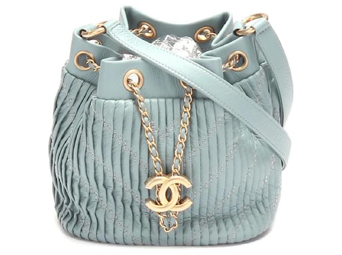Chanel Pleated Drawstring Bucket Bag Blue Leather Lambskin  ref.776010
