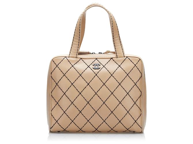Chanel Brown CC Wild Stitch Handbag Beige Leather  ref.776092