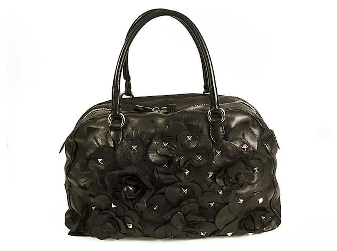 Valentino Garavani Rose Edition Black Shoulder Studded 3d Flower Bowler Bag Leather  ref.776746